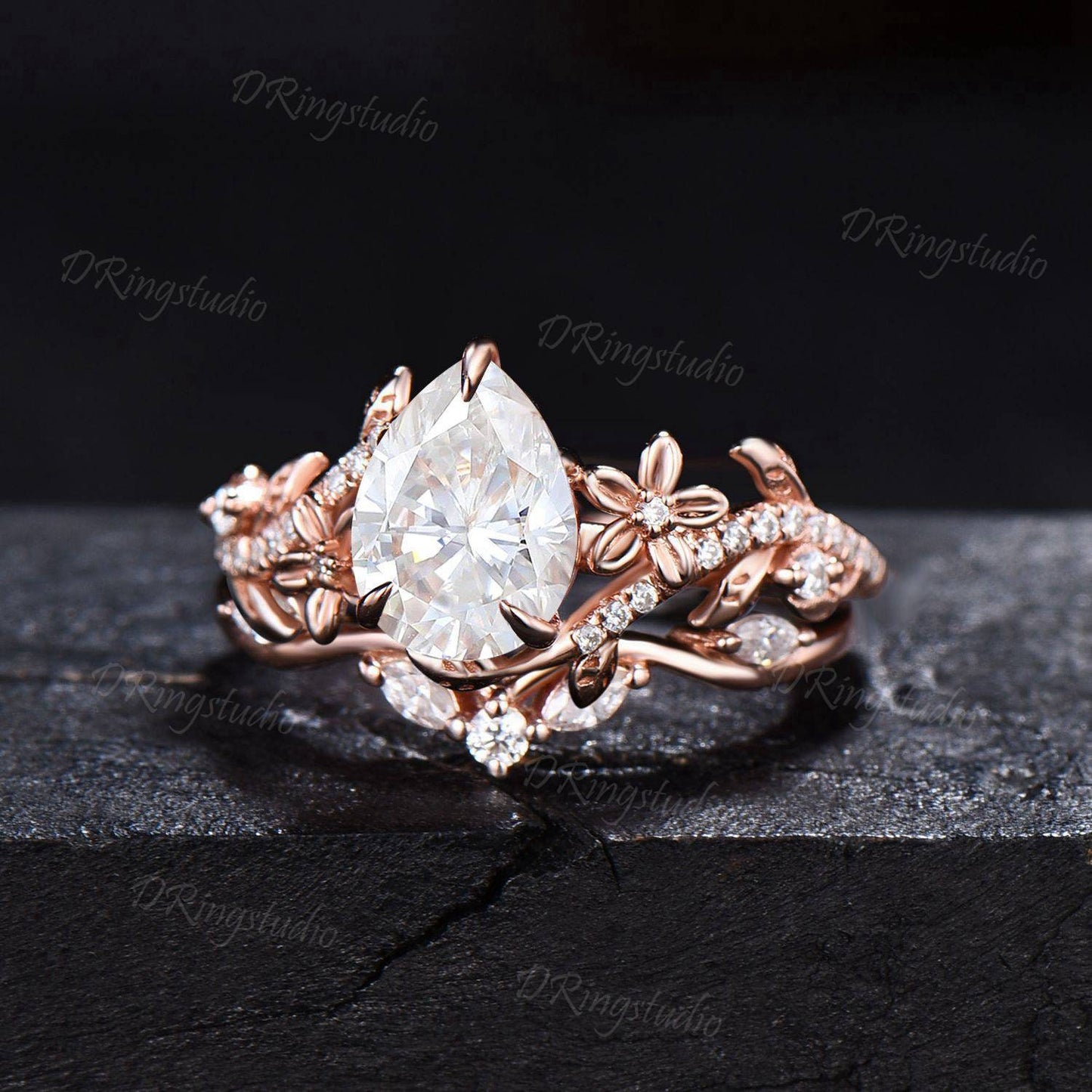 Nature Inspired Pear Shaped Moissanite Engagement Ring Leaf Flower Promise Bridal Ring Set Rose Gold Floral Wedding Ring Proposal Women Gift