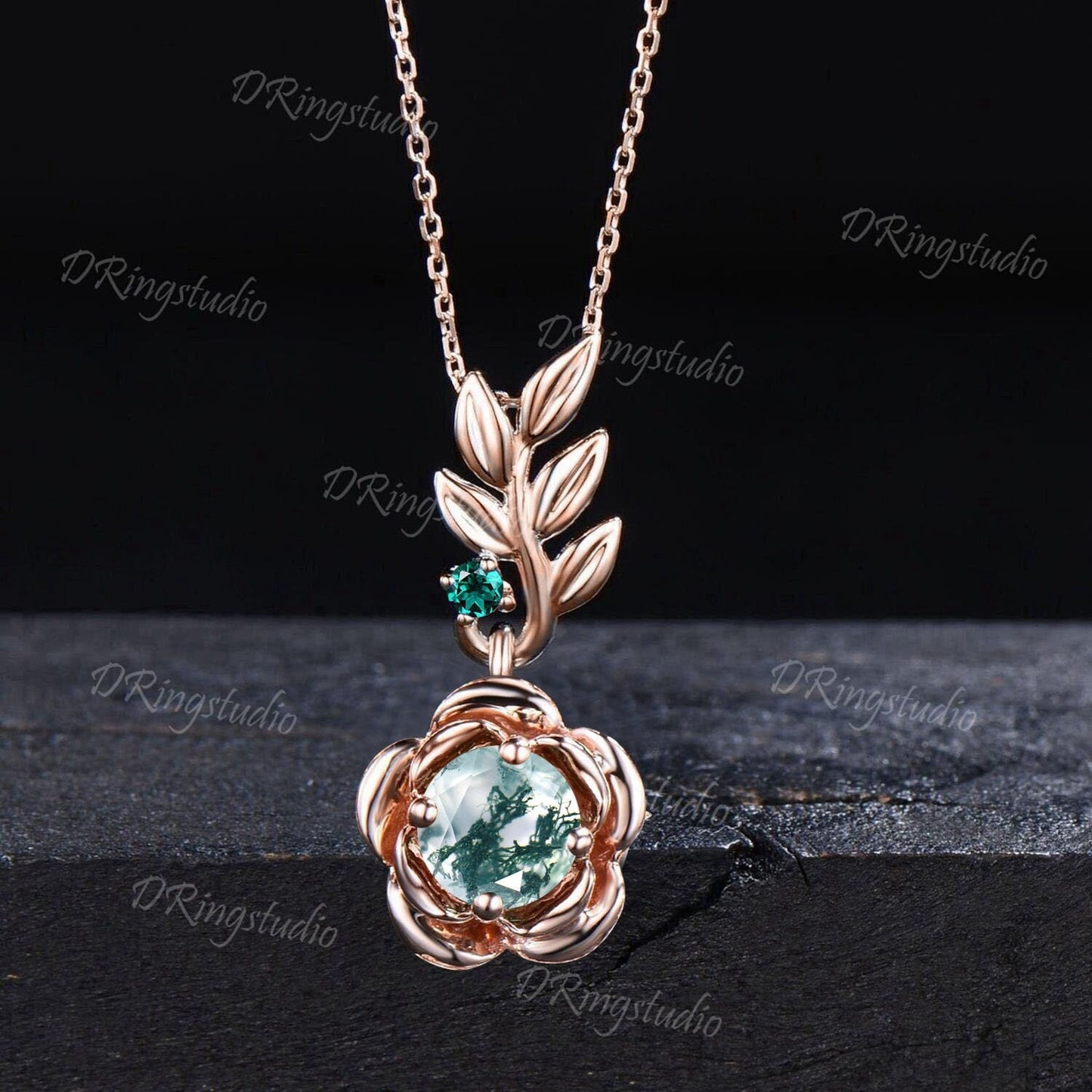 Unique Natural Green Moss Agate Flower Necklace Rose Gold Floral Wedding Necklace Branch Leaf Vine Green Gemstone Bridal Pendant Women Gift