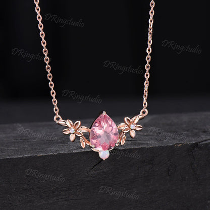 Unique Pink Sapphire Flower Necklace Teardrop Gemstone Pendant Leaf Design Padparadscha Sapphire Necklace Rose Gold Pink Gemstone Necklace