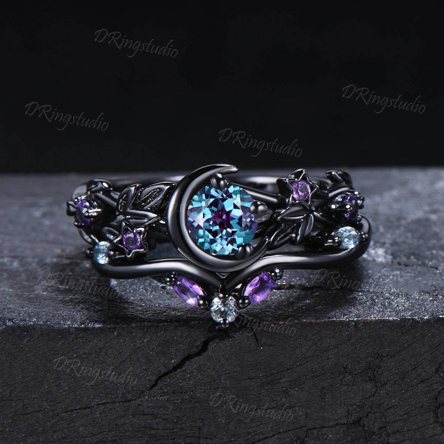 Black Gold Moon Star Design Engagement Ring Gothic Black Leaf Vine Alexandrite Wedding Ring Set Black Witchy Ring Amethyst Bridal Ring Set