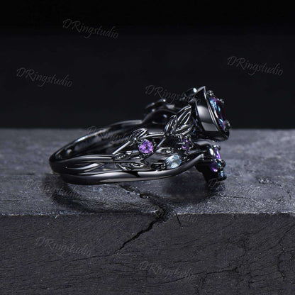 Black Gold Moon Star Design Engagement Ring Gothic Black Leaf Vine Alexandrite Wedding Ring Set Black Witchy Ring Amethyst Bridal Ring Set