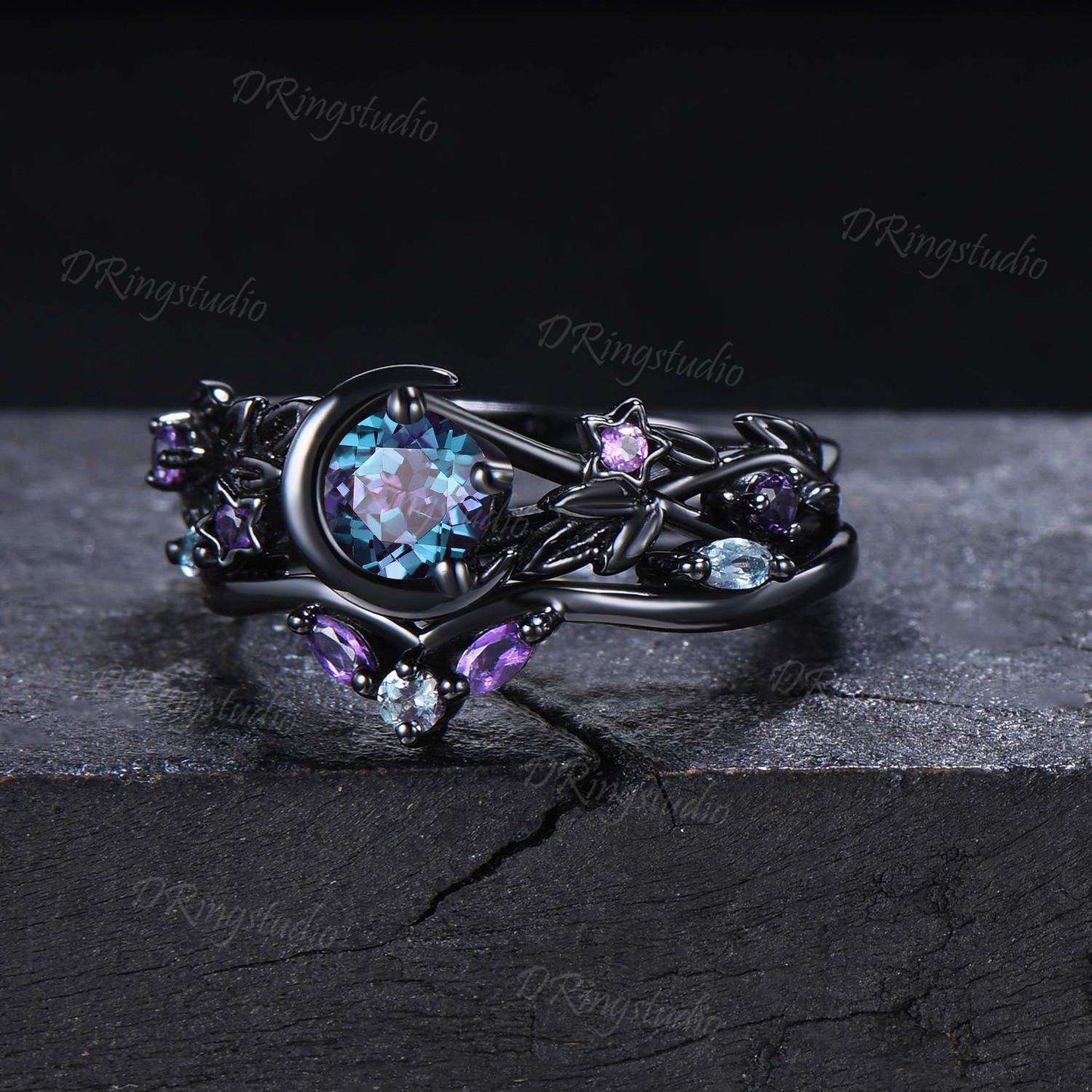 Black Gold Moon Star Design Engagement Ring Gothic Black Leaf Vine Alexandrite Wedding Ring Set Black Witchy Ring Amethyst Bridal Ring Set