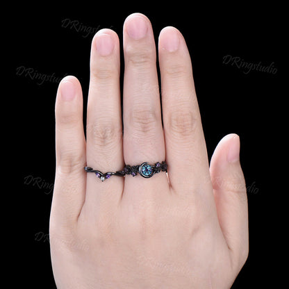 Black Gold Moon Star Design Engagement Ring Gothic Black Leaf Vine Alexandrite Wedding Ring Set Black Witchy Ring Amethyst Bridal Ring Set