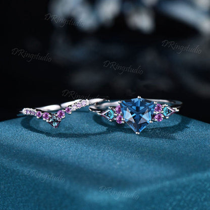 Unique Trillion Cut London Blue Topaz Engagement Ring Amethyst Alexandrite Wedding Ring Shield Ring December Birthstone 2pcs Bridal Ring Set