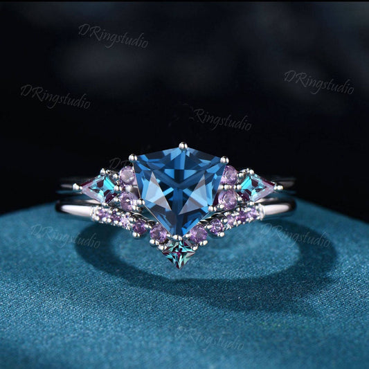 Unique Trillion Cut London Blue Topaz Engagement Ring Amethyst Alexandrite Wedding Ring Shield Ring December Birthstone 2pcs Bridal Ring Set