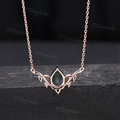 Unique Moon Leaf Green Moss Agate Necklace Teardrop Natural Green Moss Wedding Necklace Rose Gold Vine Branch Bridal Pendant Proposal Gift