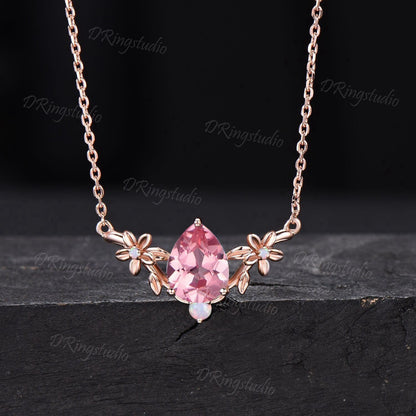 Unique Pink Sapphire Flower Necklace Teardrop Gemstone Pendant Leaf Design Padparadscha Sapphire Necklace Rose Gold Pink Gemstone Necklace