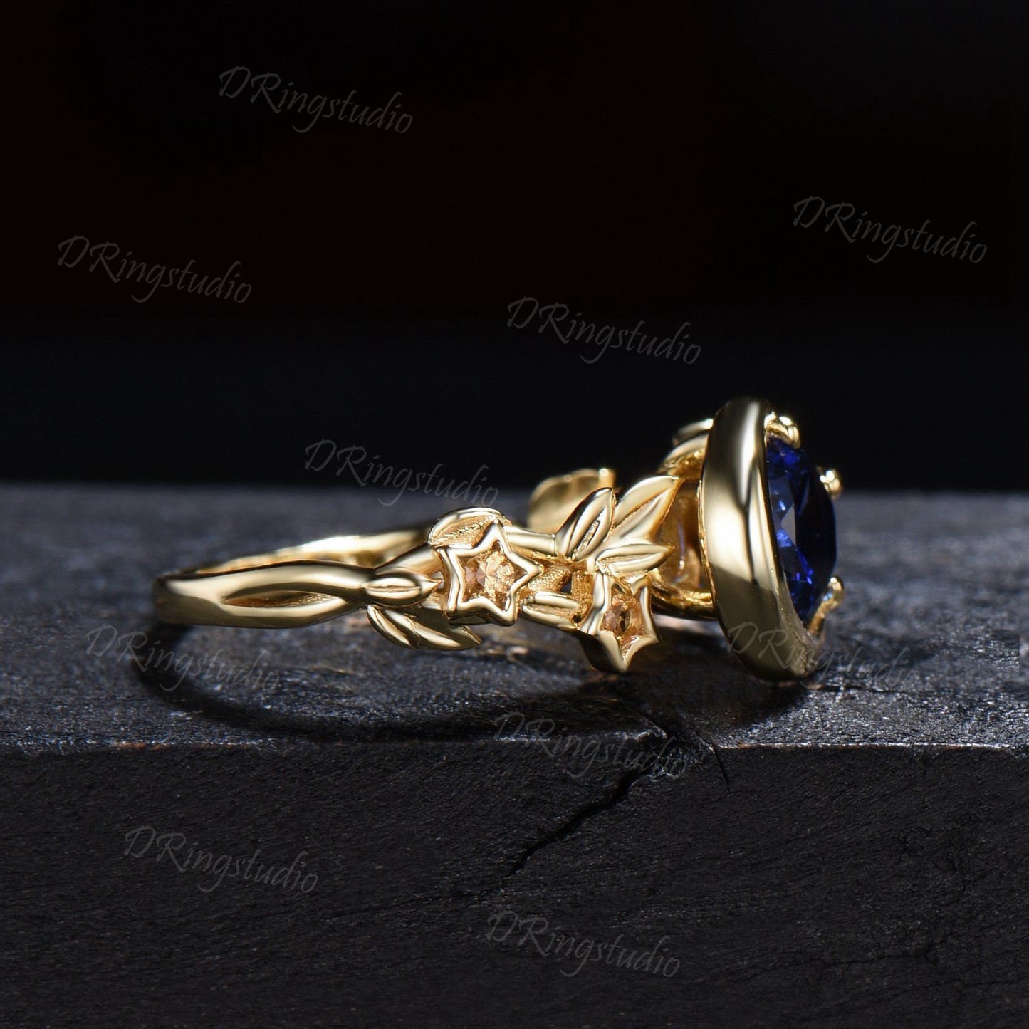 14k Gold Star Moon Engagement Ring Unique Round Blue Sapphire Promise Ring Celestial Citrine Wedding Ring September Birthstone Birthday Gift