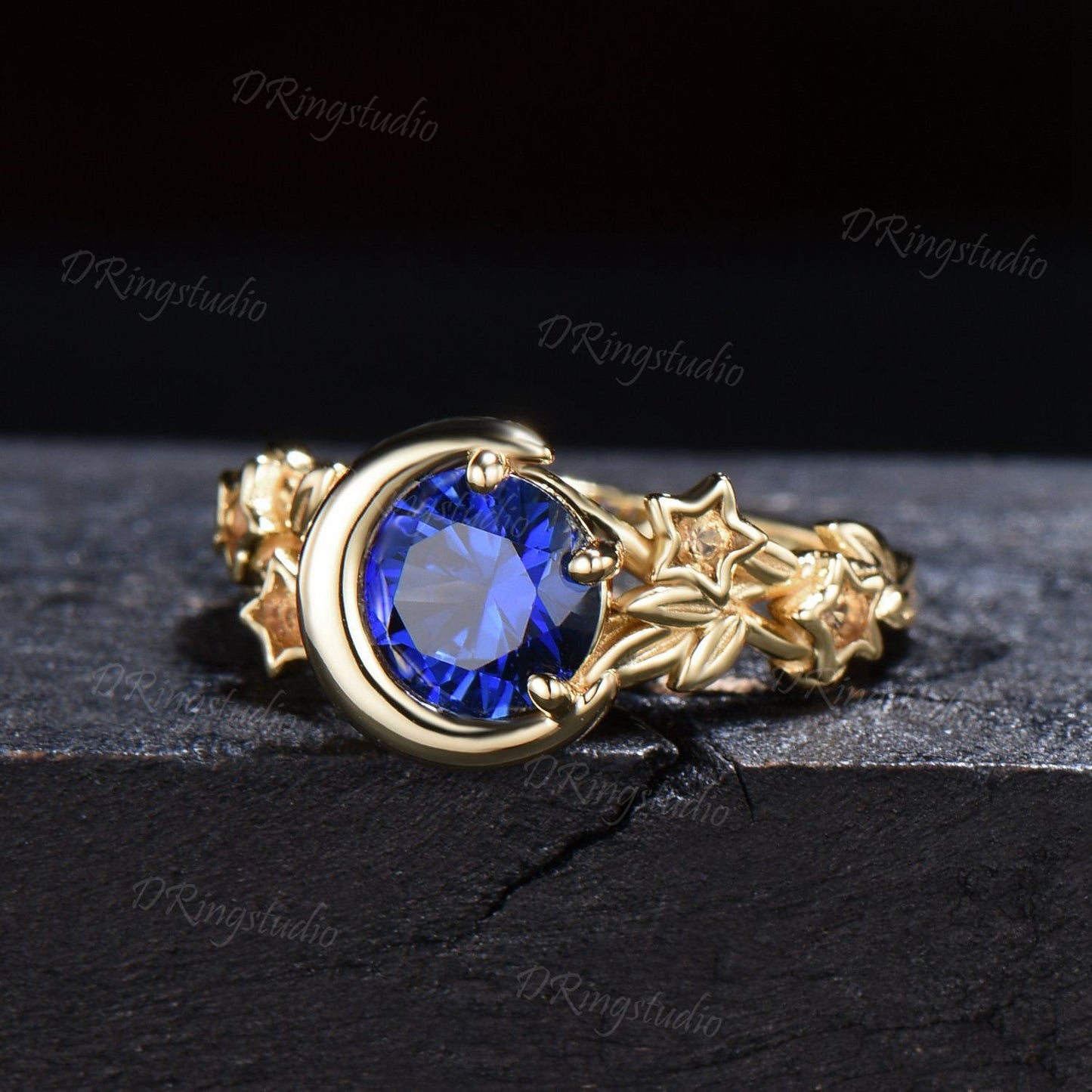 14k Gold Star Moon Engagement Ring Unique Round Blue Sapphire Promise Ring Celestial Citrine Wedding Ring September Birthstone Birthday Gift