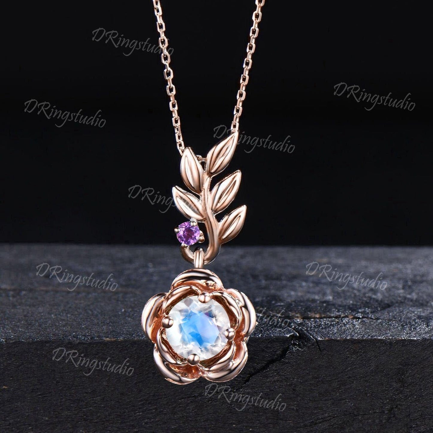 14k Gold Rainbow Moonstone Pendant Blue Gemstone Floral Wedding Necklace Nature Inspired Leaf Wedding Necklace Boho Necklace Proposal Gift