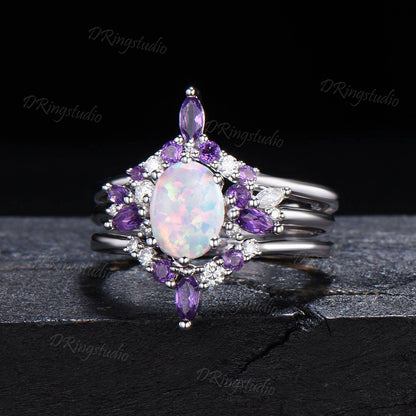 3pcs Opal Bridal Ring Set Vintage Oval White Opal Engagement Ring 14k Rose Gold Amethyst Cluster Wedding Ring Set October Birthstone Jewelry