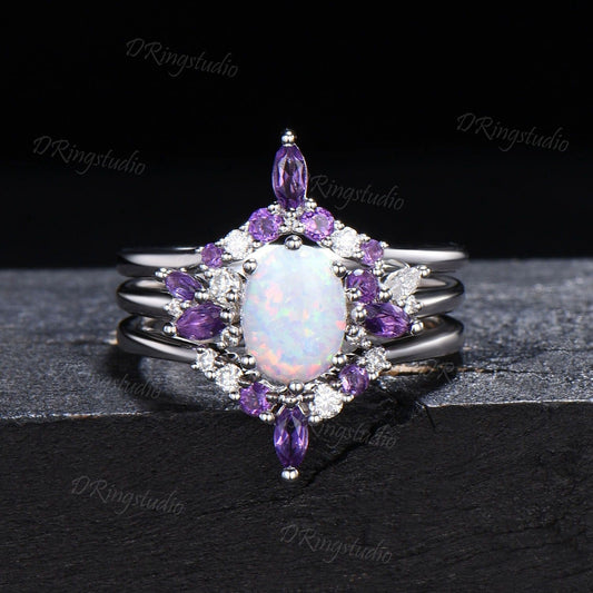 3pcs Opal Bridal Ring Set Vintage Oval White Opal Engagement Ring 14k Rose Gold Amethyst Cluster Wedding Ring Set October Birthstone Jewelry