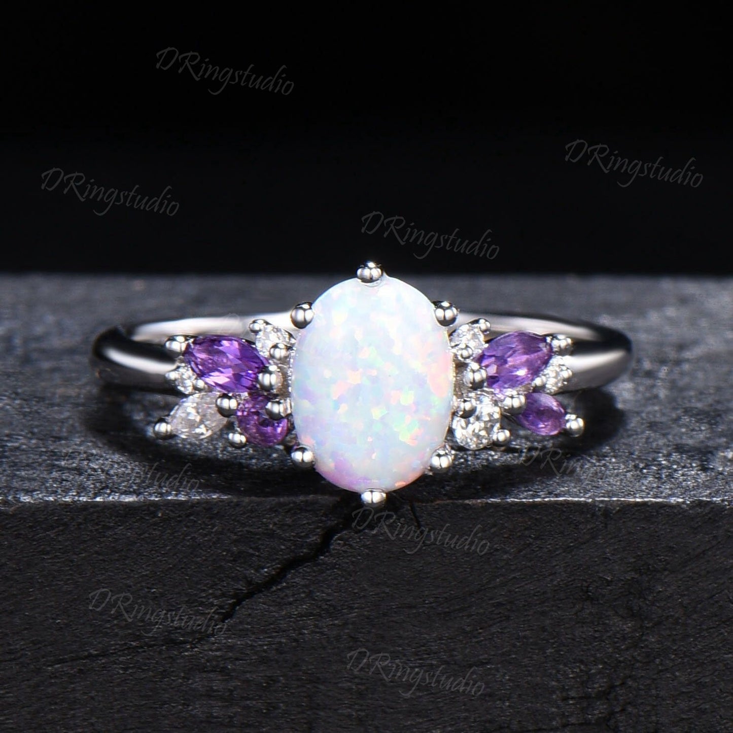 3pcs Opal Bridal Ring Set Vintage Oval White Opal Engagement Ring 14k Rose Gold Amethyst Cluster Wedding Ring Set October Birthstone Jewelry