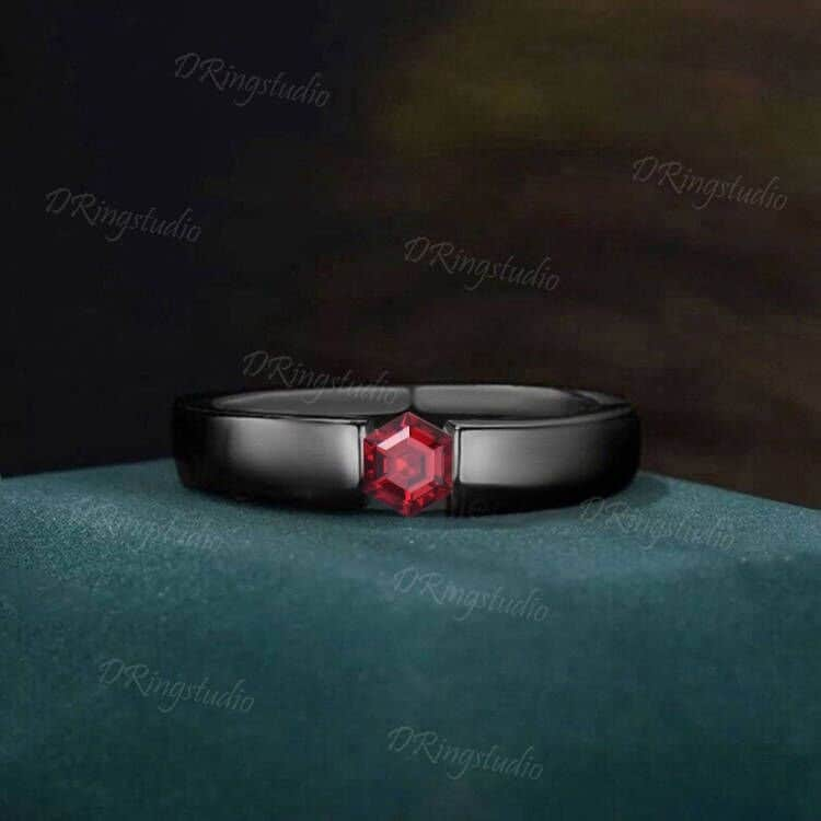 Black Gold Matte Wedding Band 4mm Hexagon Cut Ruby Mens Engagement Band Black Brushed Band Ring July Birthstone Solitaire Band Proposal Gift