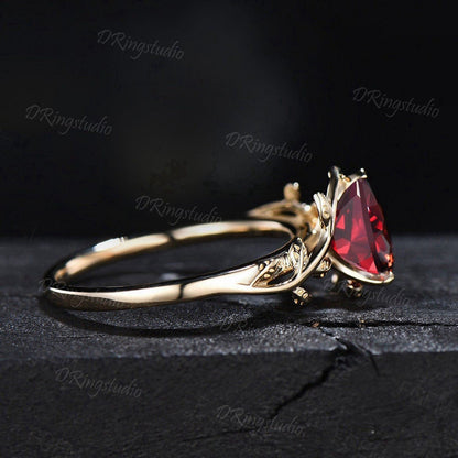 Teardrop Ruby Engagement Ring Nature Inspired Leaf Branch Promise Ring 14k Rose Gold Cluster Pink Tourmaline Wedding Ring Anniversary Gift