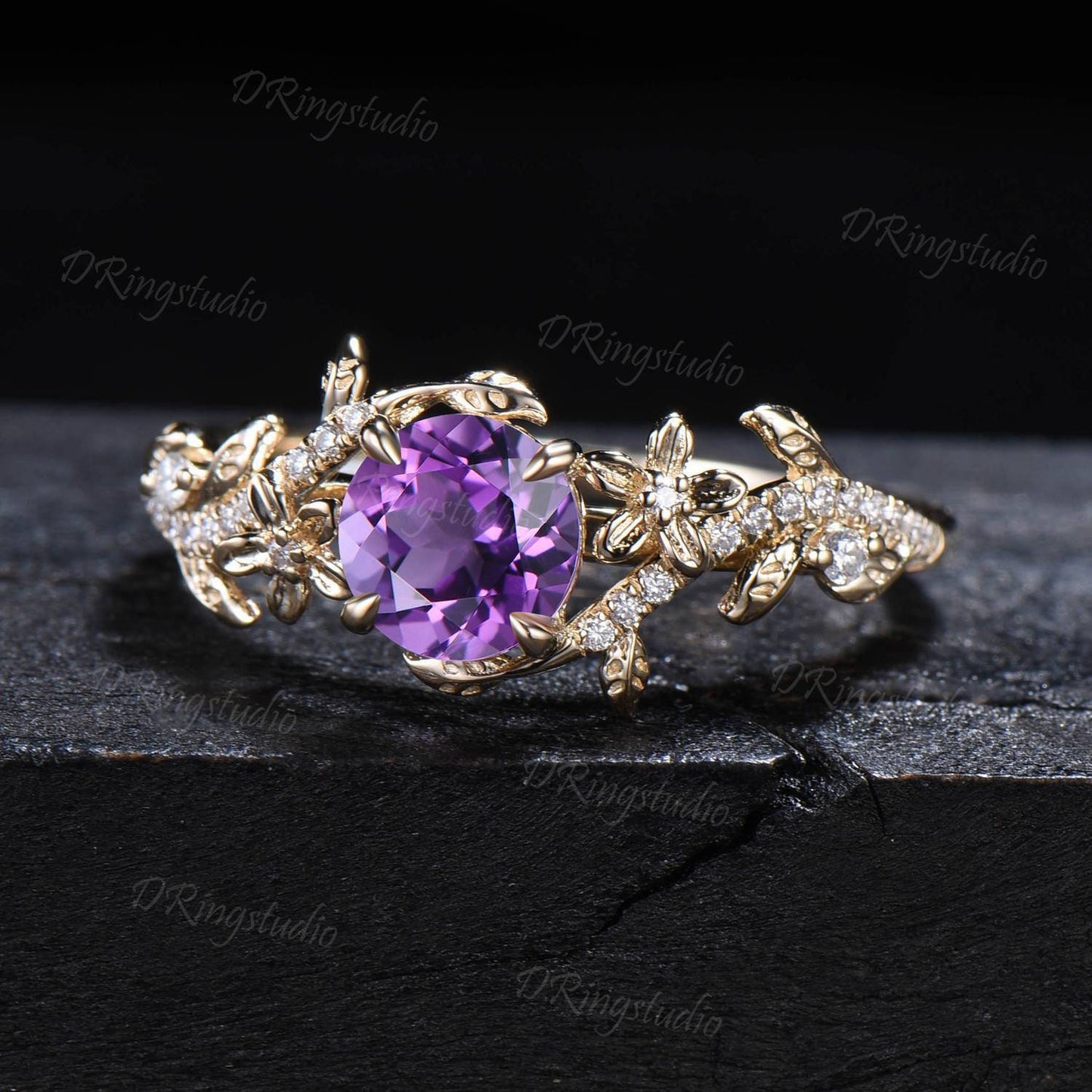 Vintage Round Amethyst Floral Engagement Ring 14k Solid Gold Flower Bridal Promise Ring Leaf Vine Diamond Wedding Ring Nature Inspired Ring