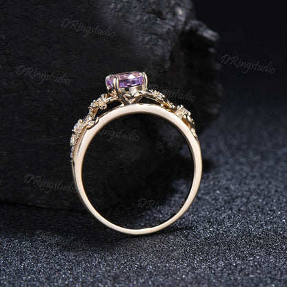 Vintage Round Amethyst Floral Engagement Ring 14k Solid Gold Flower Bridal Promise Ring Leaf Vine Diamond Wedding Ring Nature Inspired Ring