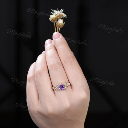 Vintage Round Amethyst Floral Engagement Ring 14k Solid Gold Flower Bridal Promise Ring Leaf Vine Diamond Wedding Ring Nature Inspired Ring