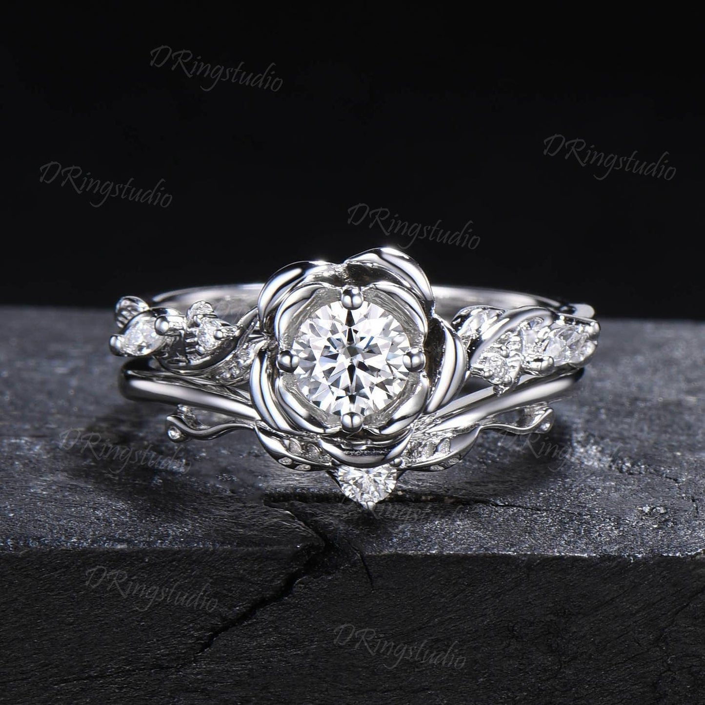 Moissanite Flower Wedding Ring Set 0.5ct Round Diamond Moissanite Engagement Ring 10k/14k White Gold Floral Bridal Ring Set Branch Leaf Ring