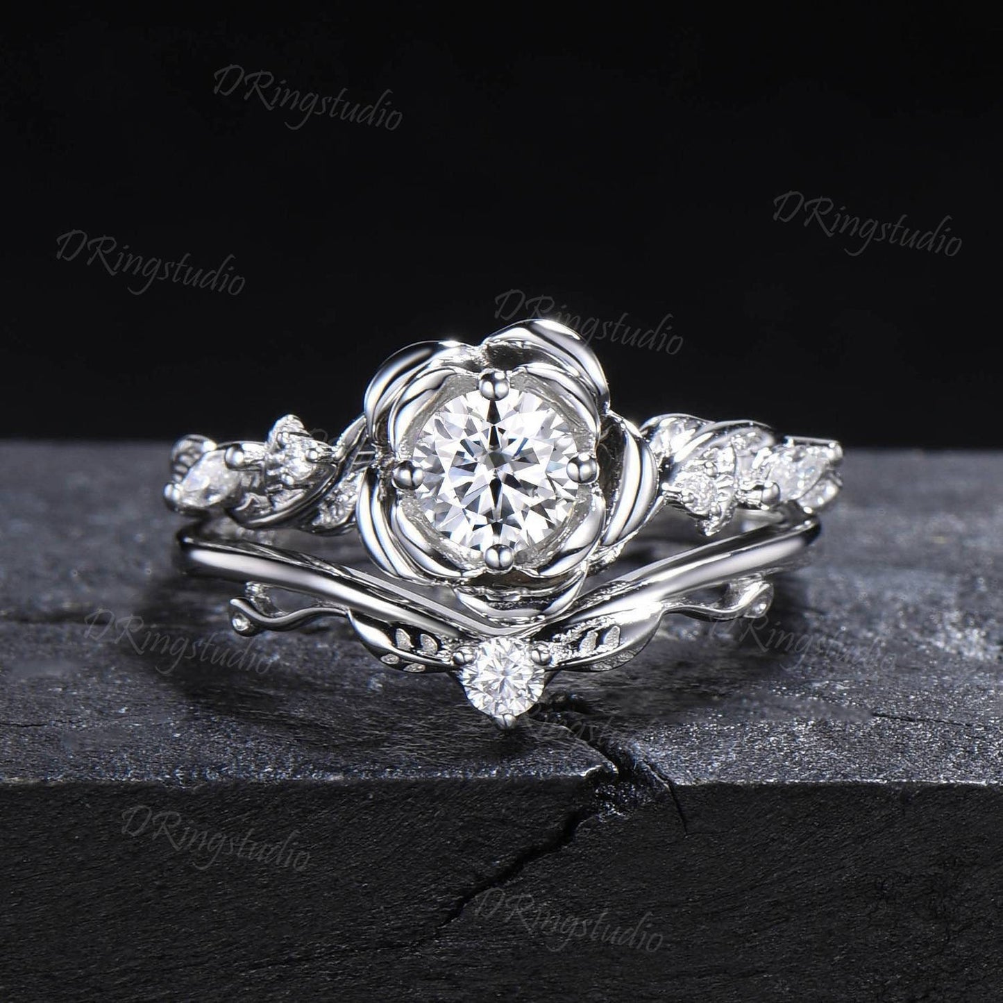 Moissanite Flower Wedding Ring Set 0.5ct Round Diamond Moissanite Engagement Ring 10k/14k White Gold Floral Bridal Ring Set Branch Leaf Ring