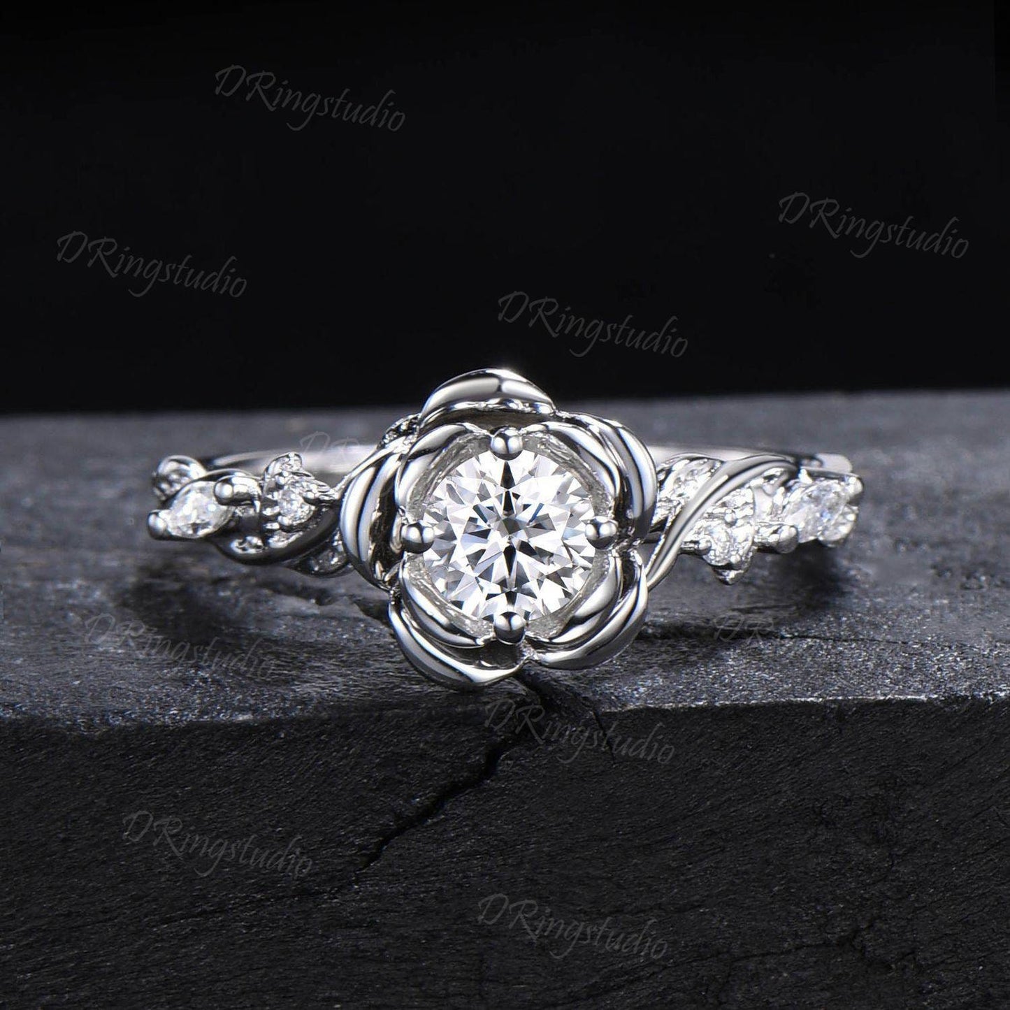 Moissanite Flower Wedding Ring Set 0.5ct Round Diamond Moissanite Engagement Ring 10k/14k White Gold Floral Bridal Ring Set Branch Leaf Ring