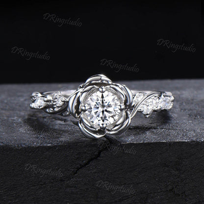 Moissanite Flower Wedding Ring Set 0.5ct Round Diamond Moissanite Engagement Ring 10k/14k White Gold Floral Bridal Ring Set Branch Leaf Ring