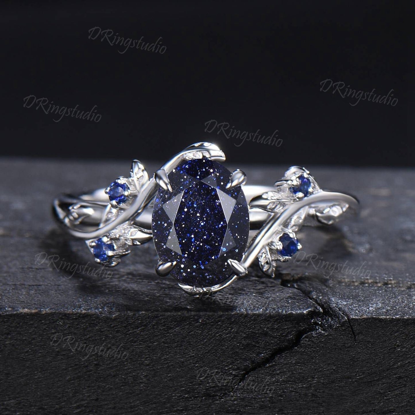 Gothic Black Gold Nebula Blue Sandstone Ring 1.5CT Oval Cut Blue Goldstone Engagement Ring Black Branch Leaf Bridal Ring Witchy Wedding Ring