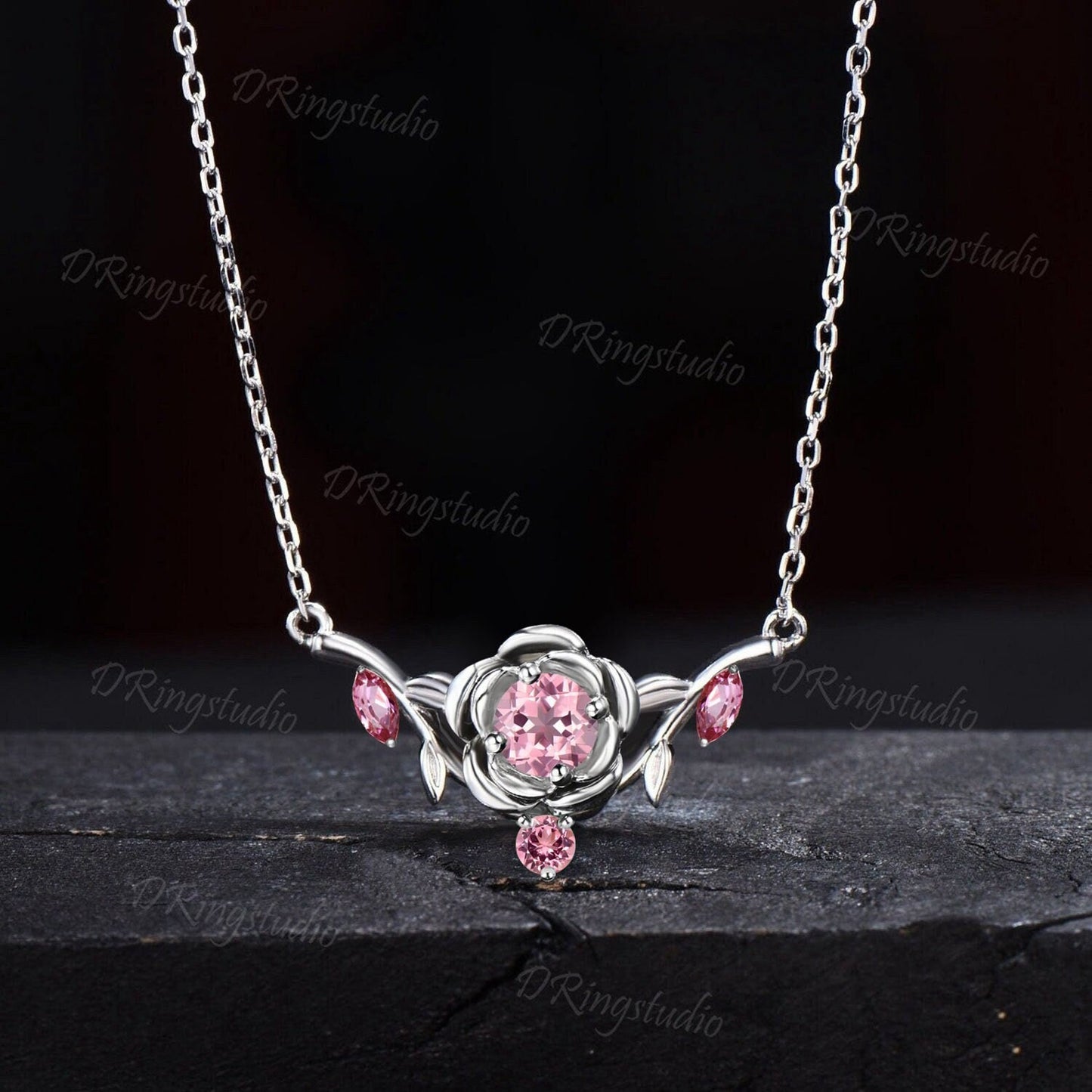 Unique Branch Leaf Pink Sapphire Wedding Necklace Sterling Silver Rose Flower Necklace Round Padparadscha Sapphire Pendant Bohemian Jewelry