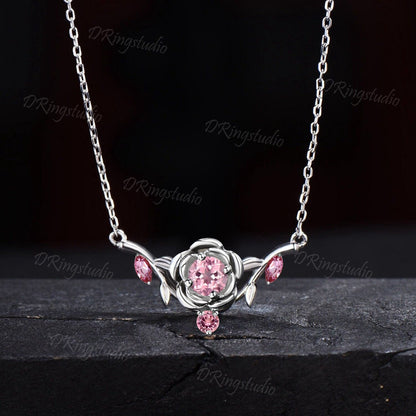 Unique Branch Leaf Pink Sapphire Wedding Necklace Sterling Silver Rose Flower Necklace Round Padparadscha Sapphire Pendant Bohemian Jewelry