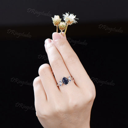 Gothic Black Gold Nebula Blue Sandstone Ring 1.5CT Oval Cut Blue Goldstone Engagement Ring Black Branch Leaf Bridal Ring Witchy Wedding Ring