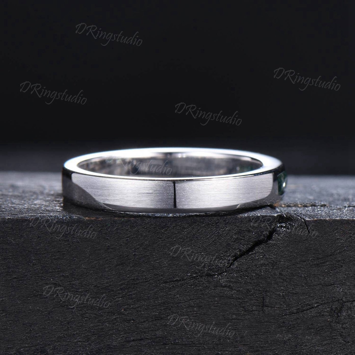 14k Solid White Gold Matte Wedding Band 4mm Baguette Natural Moss Agate Band Green Moss Stackable Brushed Band Unisex Promise Ring