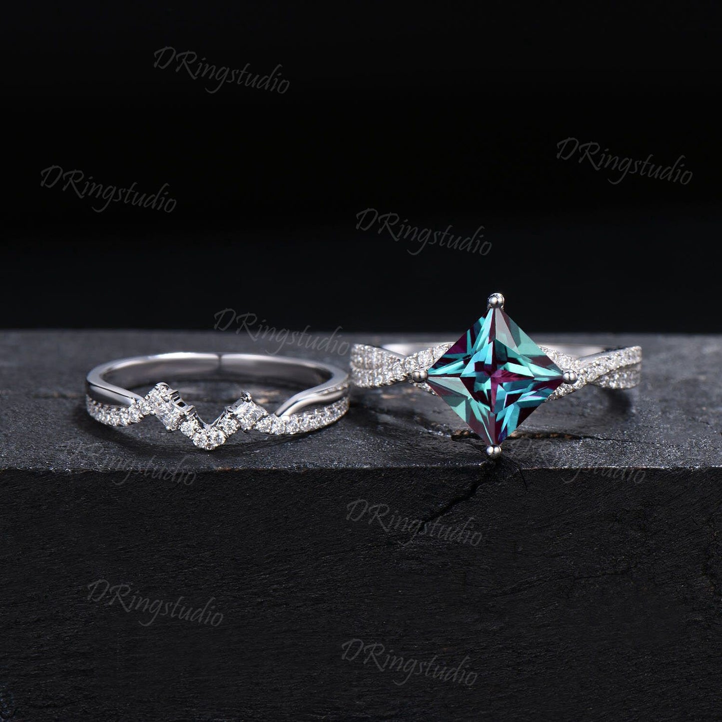 Unique Princess Cut Alexandrite Engagement Ring Set Twisted Band Alexandrite Ring 14k White Gold Diamond Bridal Ring Set Anniversary Gift