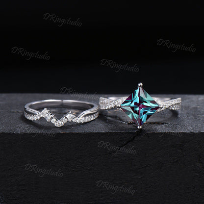 Unique Princess Cut Alexandrite Engagement Ring Set Twisted Band Alexandrite Ring 14k White Gold Diamond Bridal Ring Set Anniversary Gift