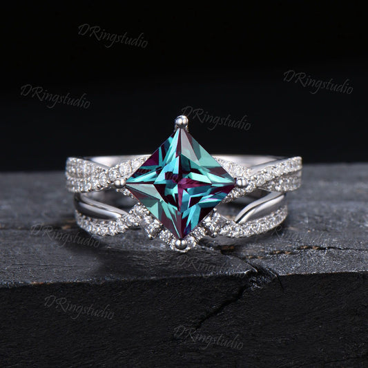 Unique Princess Cut Alexandrite Engagement Ring Set Twisted Band Alexandrite Ring 14k White Gold Diamond Bridal Ring Set Anniversary Gift