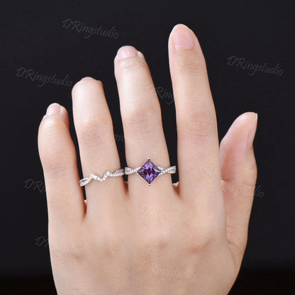 Unique Princess Cut Alexandrite Engagement Ring Set Twisted Band Alexandrite Ring 14k White Gold Diamond Bridal Ring Set Anniversary Gift