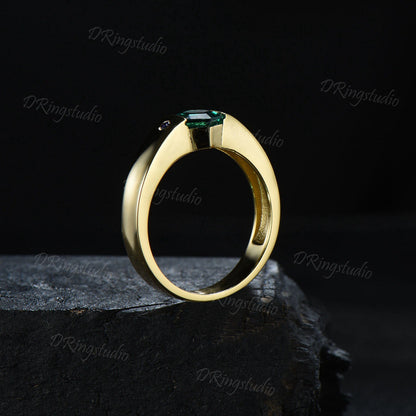 14K Solid Gold Green Emerald Mens Wedding Band Vintage Hexagon Cut Emerald Band Brushed Finished Band 4mm Matte Band Proposal Gift for Men