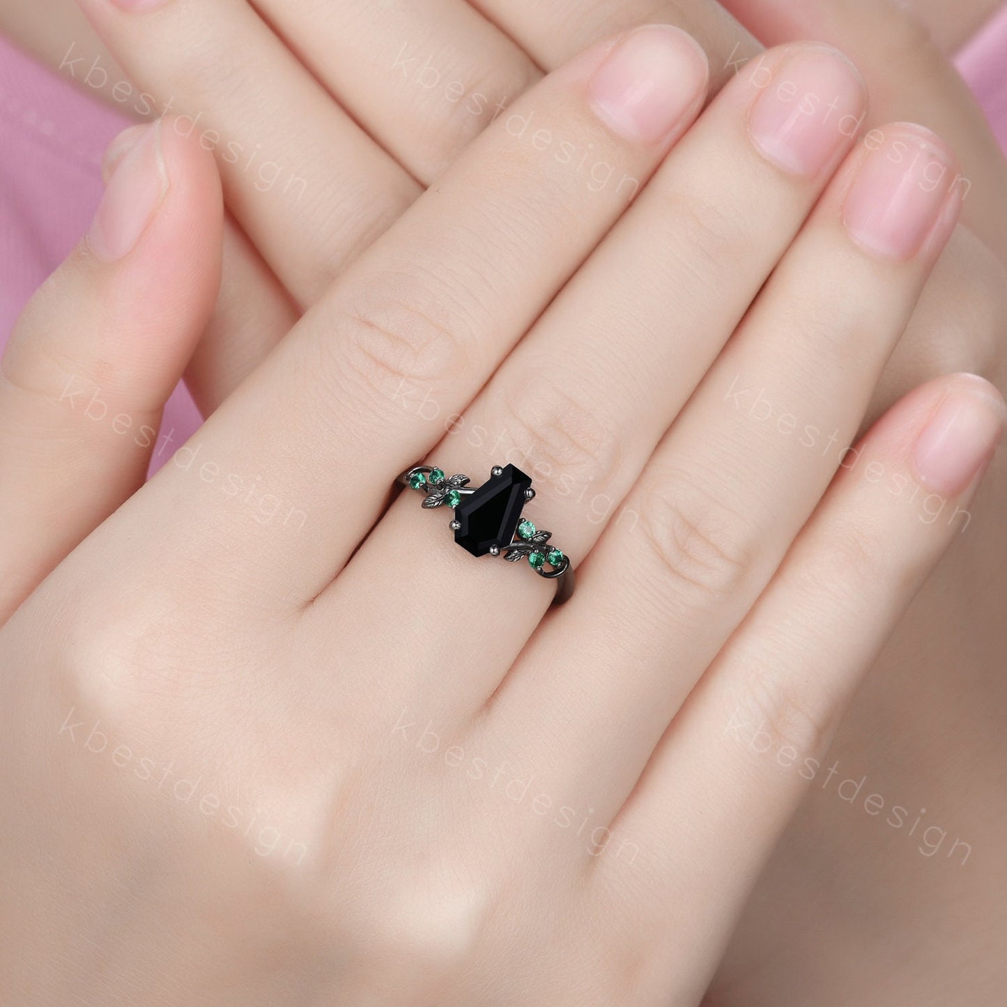 Gothic Black Gold Black Onyx Engagement Ring Art Deco Branch Design Leaf Emerald Wedding Ring Coffin cut Ring Unique Bridal Ring Set