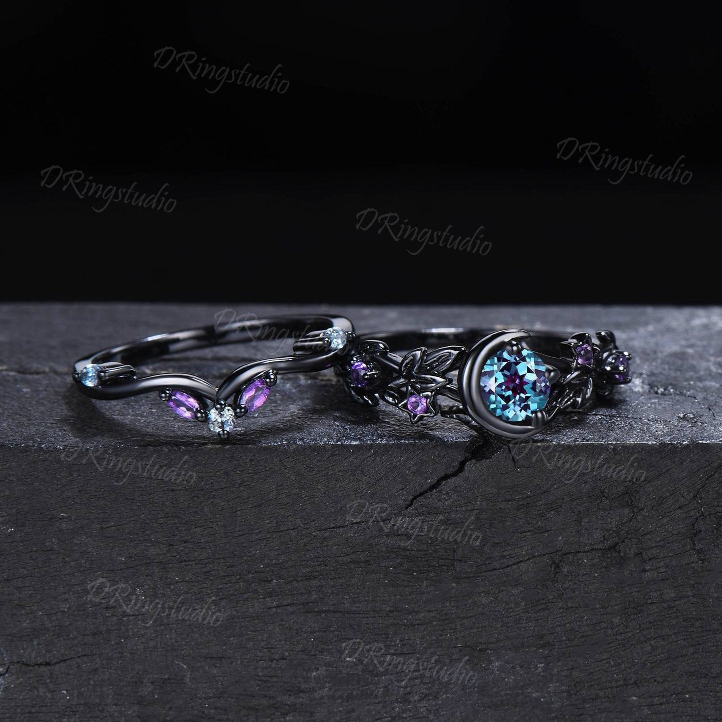 Black Gold Moon Star Design Engagement Ring Gothic Black Leaf Vine Alexandrite Wedding Ring Set Black Witchy Ring Amethyst Bridal Ring Set