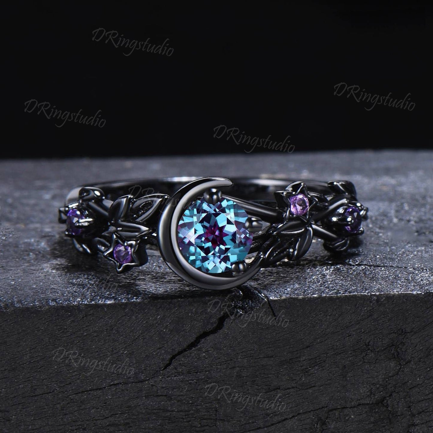 Black Gold Moon Star Design Engagement Ring Gothic Black Leaf Vine Alexandrite Wedding Ring Set Black Witchy Ring Amethyst Bridal Ring Set