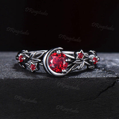 Black Gold Ruby Engagement Ring Gothic Black Moon Leaf Design Ring Leaf Branch Round Red Ruby Wedding Ring Witchy Ring July Birthstone Gift