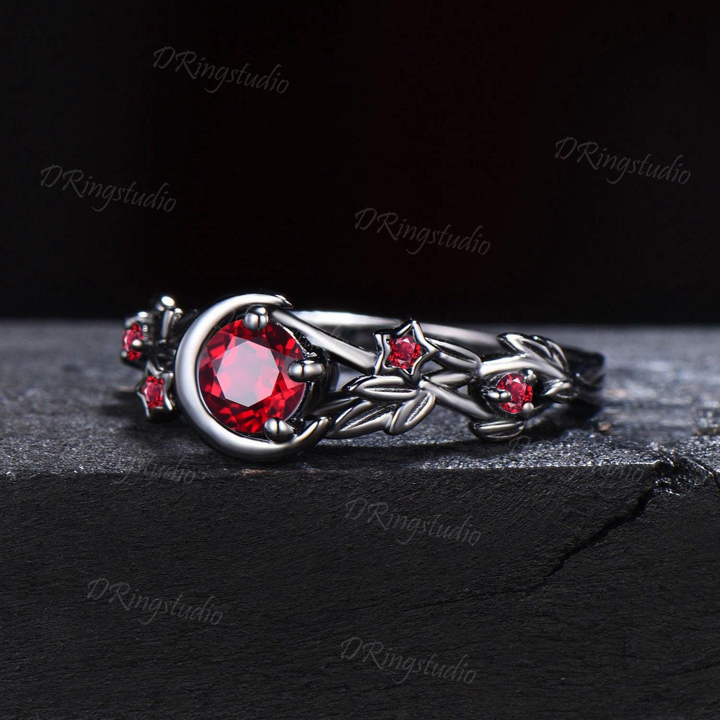 Black Gold Ruby Engagement Ring Gothic Black Moon Leaf Design Ring Leaf Branch Round Red Ruby Wedding Ring Witchy Ring July Birthstone Gift