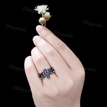 Gothic Moon Star Ring Black Gold Round Alexandrite Engagement Ring Uniuqe Halo Ruby Bridal Ring Set Moon Leaf Wedding Ring Anniversary Gift