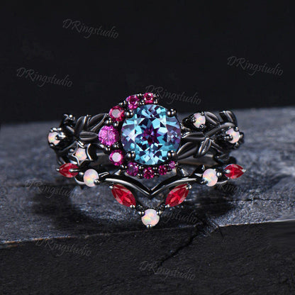 Gothic Moon Star Ring Black Gold Round Alexandrite Engagement Ring Uniuqe Halo Ruby Bridal Ring Set Moon Leaf Wedding Ring Anniversary Gift