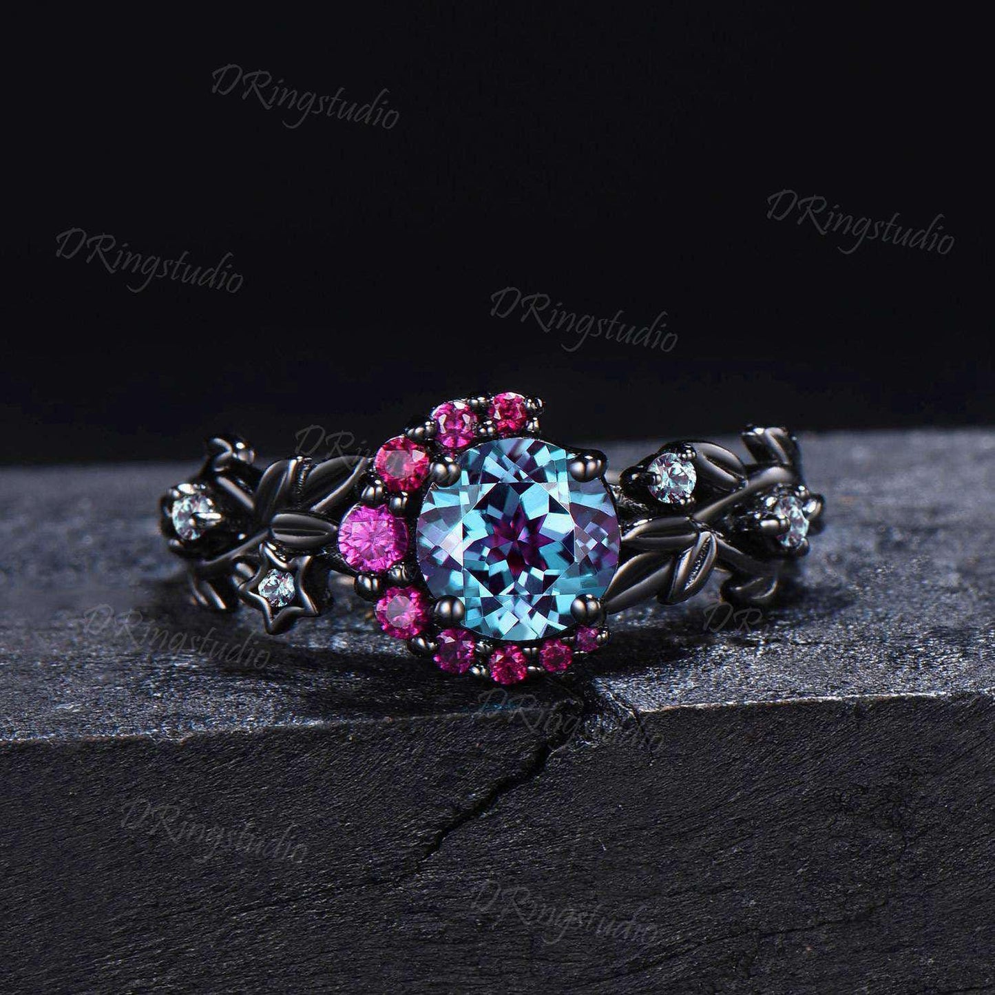 Black Gold Moon Leaf Ring Unique 1CT Round Alexandrite Engagement Ring Set Witchy Black Star Moon Ring Cluster Alexandrite Ruby Bridal Set