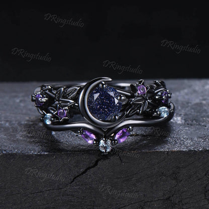 Black Moon Star Galaxy Nebula Ring Nature Inspired Leaf Blue Sandstone Engagement Ring Black Gold Amethyst Promise Bridal Set Proposal Gift