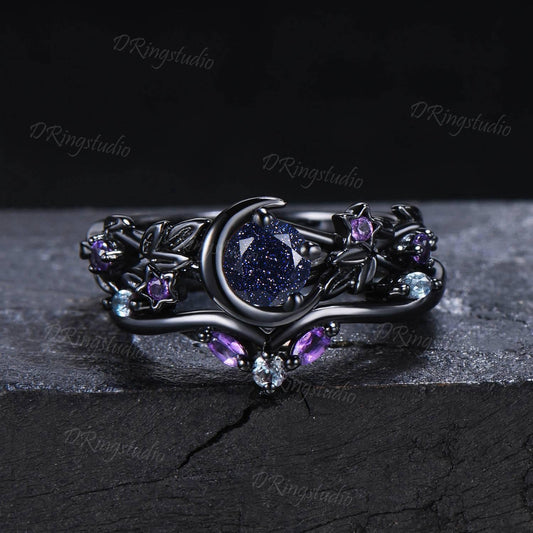 Unique Moon Leaf Ring Gothic Black Galaxy Orion Nebula Ring Black Gold Blue Sandstone Engagement Ring Moon Star Bridal Ring Set Witchy Ring