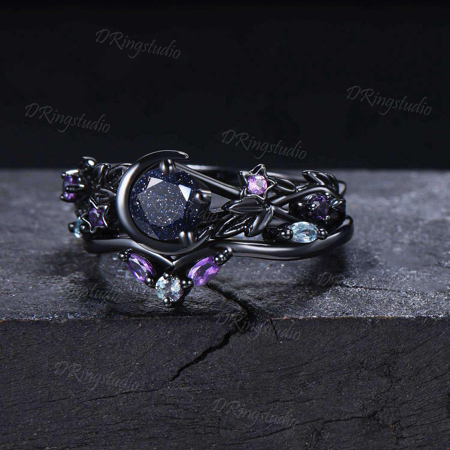 Black Moon Star Galaxy Nebula Ring Nature Inspired Leaf Blue Sandstone Engagement Ring Black Gold Amethyst Promise Bridal Set Proposal Gift