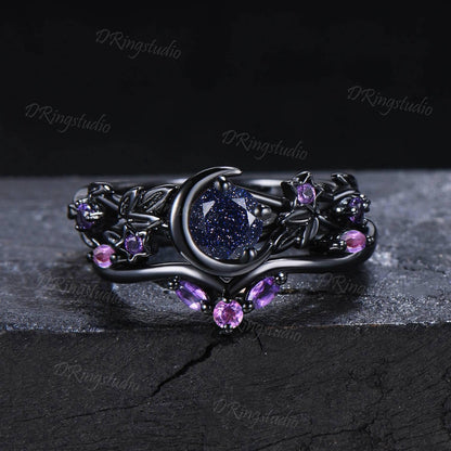 Black Moon Star Galaxy Nebula Ring Nature Inspired Leaf Blue Sandstone Engagement Ring Black Gold Amethyst Promise Bridal Set Proposal Gift