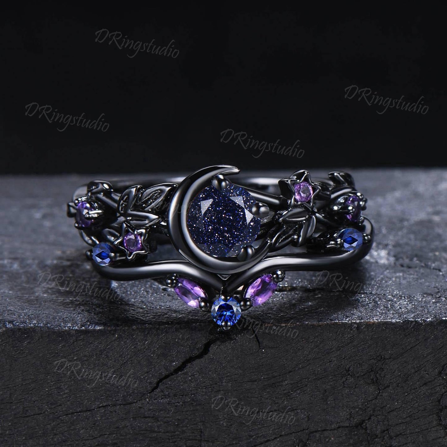 Black Moon Star Galaxy Nebula Ring Nature Inspired Leaf Blue Sandstone Engagement Ring Black Gold Amethyst Promise Bridal Set Proposal Gift