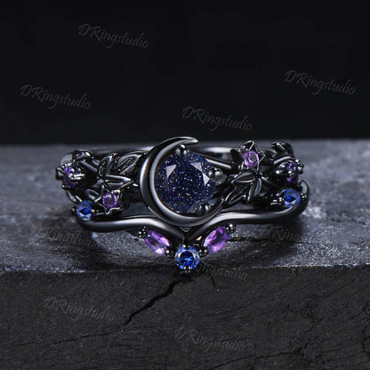 Black Moon Star Galaxy Nebula Ring Nature Inspired Leaf Blue Sandstone Engagement Ring Black Gold Amethyst Promise Bridal Set Proposal Gift